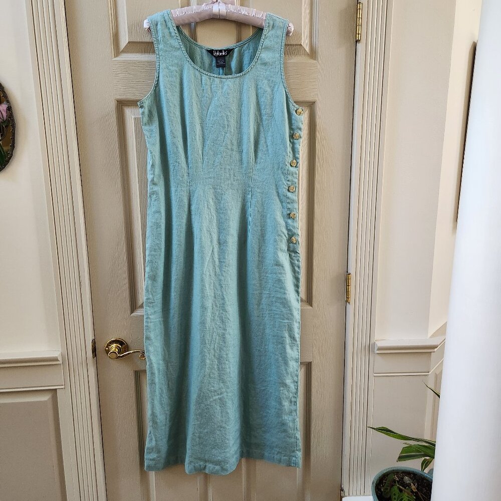 Rafaella Light Aqua Strapless-Look Linen Midi Dress with Side Buttons